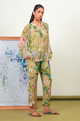 Sage Saga Zinnia Chiffon Printed Shirt With Pant 