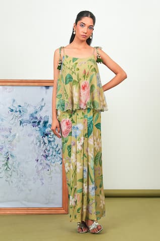 Sage Saga Zinnia Floral Print Top With Dhoti Skirt 