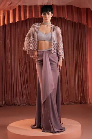 Akara Purple Organza Cape & Satin Skirt Set 