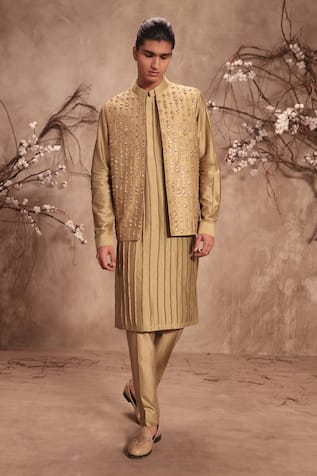 Label Niti Bothra Nazakat Light Green Striped Embroidered Bundi Kurta Set 