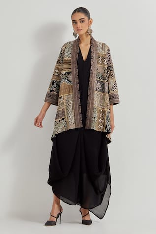Kavita Bhartia Black Crinkle Georgette Dress & Jacket 