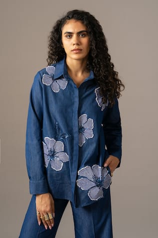 Namrata Joshipura Poppy Flower Embroidered Denim Shirt 