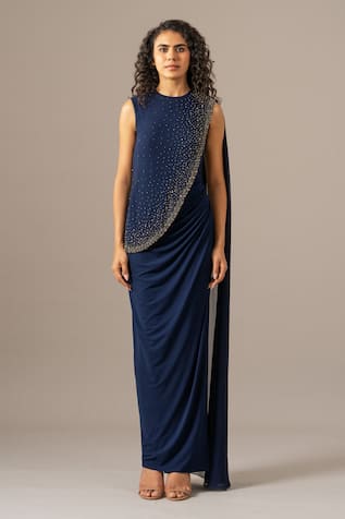 Namrata Joshipura Star Draped Navy Saree Gown 