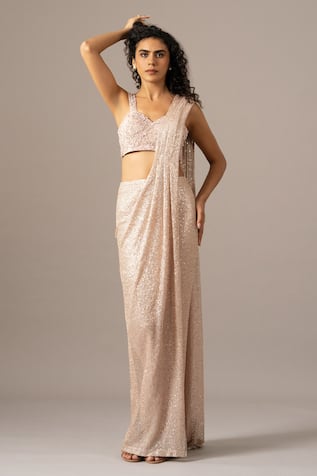 Namrata Joshipura Blush Pink Sequined Pre-Draped Saree WIth Blouse 