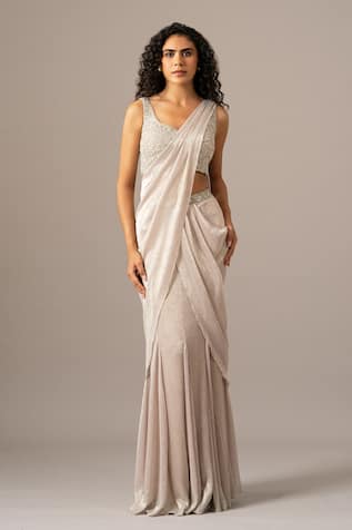 Namrata Joshipura Silver Mermaid Pre-Draped Saree With Blouse 