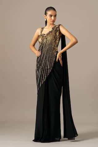 Namrata Joshipura Baroque Embroidered Black Pre-Draped Saree With Blouse 