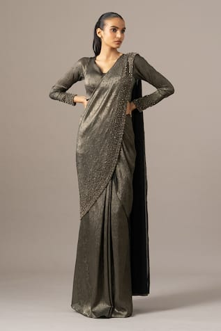 Namrata Joshipura Crusted Black Gold Pre-Draped Saree With Blouse 