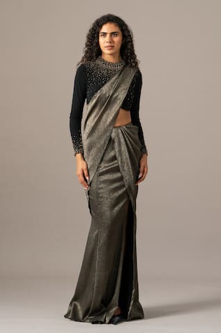 Namrata Joshipura Black Shimmer Chiffon Pre-Draped Saree With Blouse 