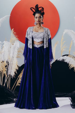 Krisha Sunny Ramani Blue Sequined Cape Set 