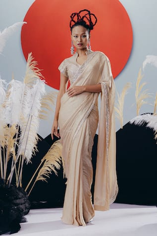 Krisha Sunny Ramani Gold Tissue Silk Pre-Draped Saree Set 