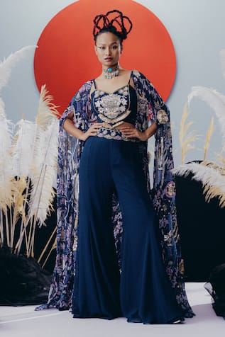 Krisha Sunny Ramani Blue Georgette Embellished Cape Set 