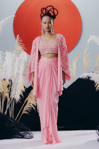 Krisha Sunny Ramani Pink Sequined Cape Blouse & Skirt Set 