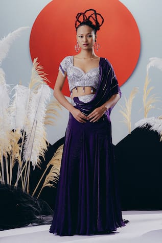 Krisha Sunny Ramani Purple Padded Blouse with Pre-Draped Saree 