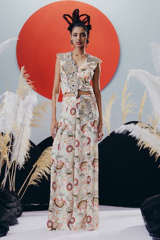 Krisha Sunny Ramani White Multicolour Mirror Work Top & Pant Set 