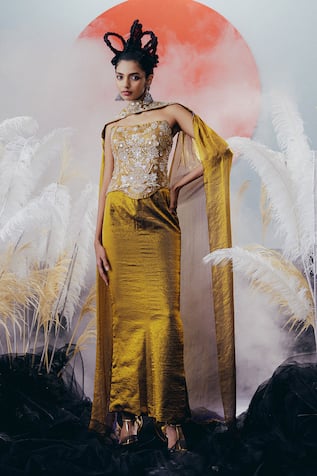Krisha Sunny Ramani Gold Sequined Corset Skirt Set 