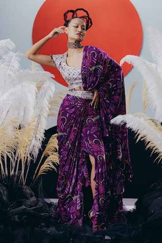 Krisha Sunny Ramani Sequined Purple Pre-Draped Saree Set 
