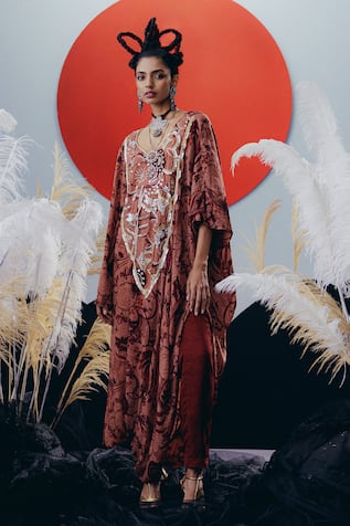 Krisha Sunny Ramani Brown Mirror Embellished Kaftan 