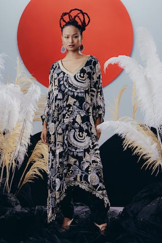 Krisha Sunny Ramani Black Georgette Sequined Kaftan & Pant Set 