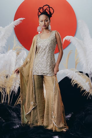 Krisha Sunny Ramani Green Gold Sequined Kurta Sharara Set 