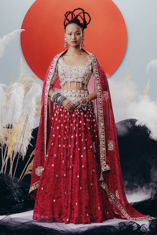 Krisha Sunny Ramani Red Zardosi Embellished Lehenga Set 