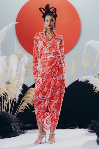 Krisha Sunny Ramani Red Sequined Crepe Shirt & Skirt Set 