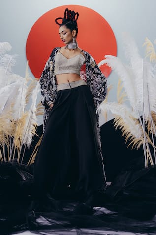 Krisha Sunny Ramani Black Sequined Cape Top & Pant Set 