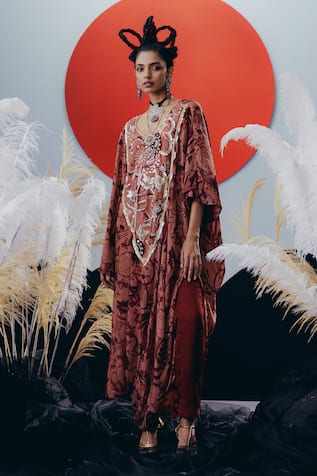 Krisha Sunny Ramani Brown Sequined Kaftan & Pant Set 