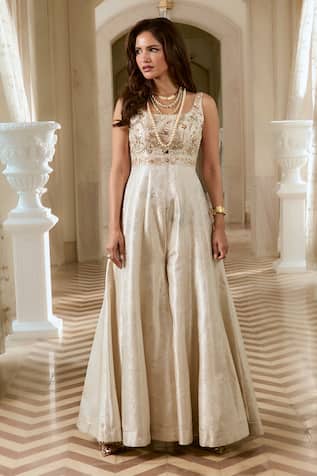 Paulmi And Harsh Ivory Jacquard Flared Jumpsuit 