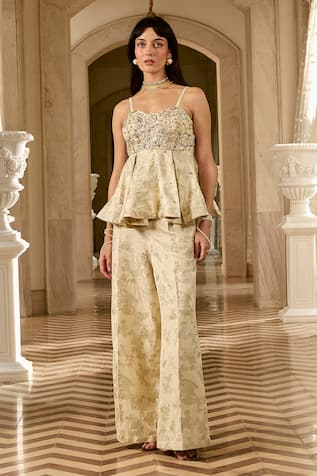 Paulmi And Harsh Ivory Hand-Embroidered Peplum Top & Trouser Set 