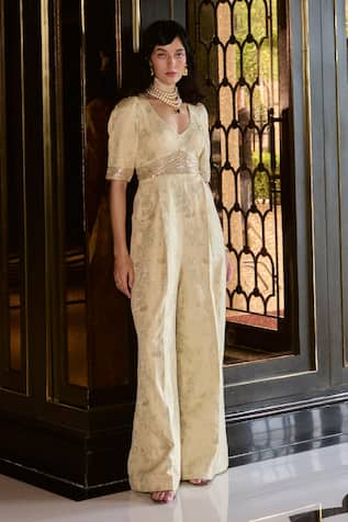 Paulmi And Harsh Embroidered Ivory Jacquard Jumpsuit 