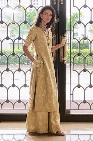 Paulmi And Harsh Chicory Beige Jacquard Kurta Palazzo Set 