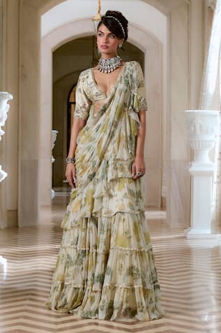 Paulmi And Harsh Ivory Floral Pre-Draped Chiffon Saree Set 