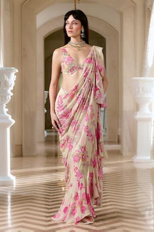 Paulmi And Harsh Ivory Floral Pre-Draped Chiffon Saree Set 