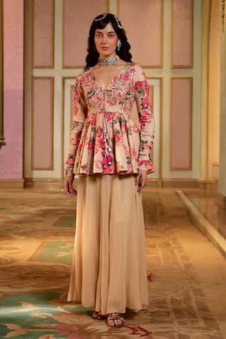 Paulmi And Harsh Chicory Beige Floral Peplum Kurta Set 
