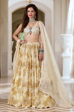 Paulmi And Harsh Ivory Floral Embroidered Lehenga Set 