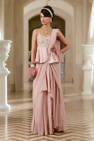 Paulmi And Harsh Flamingo Pink Peplum Pre-Draped Saree Set 