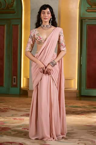 Paulmi And Harsh Floral Printed Blouse & Pre-Draped Chiffon Saree Set 