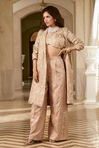 Paulmi And Harsh Mocha Blush Peach Jacquard Co-ord Set 