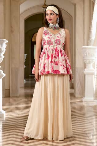 Paulmi And Harsh Ivory Peplum Top & Palazzo Set 