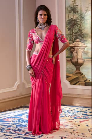 Paulmi And Harsh Hot Pink Pre-Draped Chiffon Saree Set 