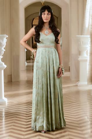 Paulmi And Harsh Mint Green Pleated Gown With Belt 