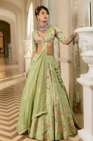 Paulmi And Harsh Floral Embroidered Sage Green Lehenga Set 
