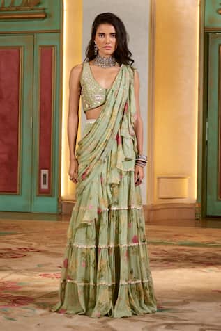 Paulmi And Harsh Sage Green Pre-Draped Chiffon Ruffle Saree Set 