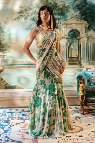 Paulmi And Harsh Ivory Floral Pre-Draped Saree Set 