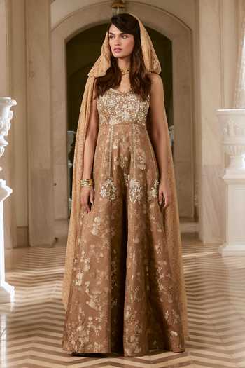 Paulmi And Harsh Mocha Brown Zardozi Embroidered Jumpsuit 