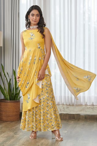 Pasha India Kesar Yellow Ruffle Saree Gown 