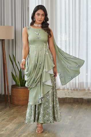 Pasha India Tulsi Green Ruffle Saree Gown 