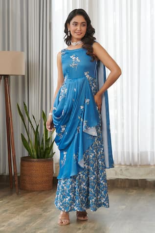Pasha India Indra Blue Ruffle Saree Gown 