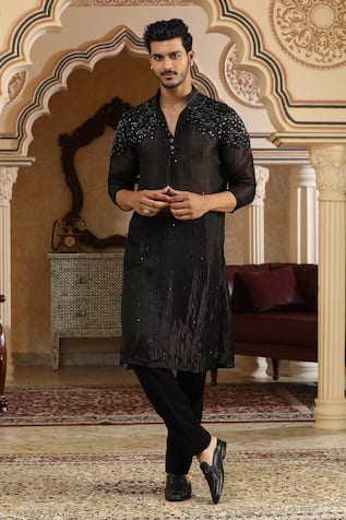 Kudrat Couture Black Georgette Sheer Embroidered Kurta 