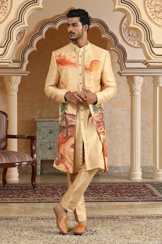 Kudrat Couture Desert Handpainted & Embroiderd Open Jacket Kurta Set 